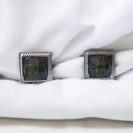 Sophistication in Silver: Stone-Adorned Cufflinks Collection with Elegant Black Box