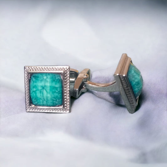 Sophistication in Silver: Stone-Adorned Cufflinks Collection with Elegant Black Box