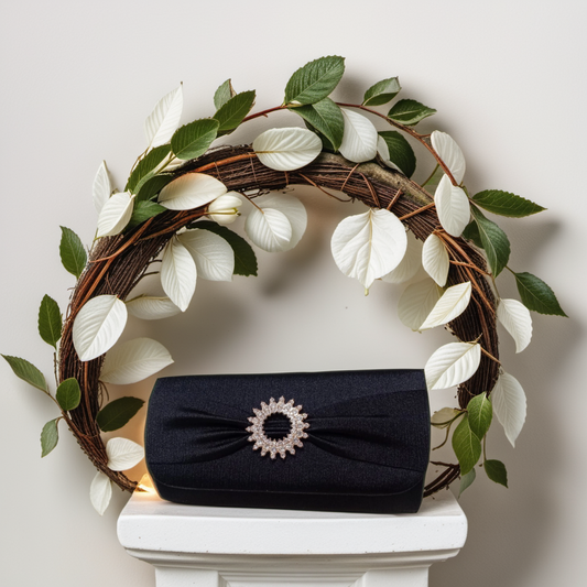 Pleated Satin Rhinestone Brooch Clutch with Detachable Chain Strap for Women