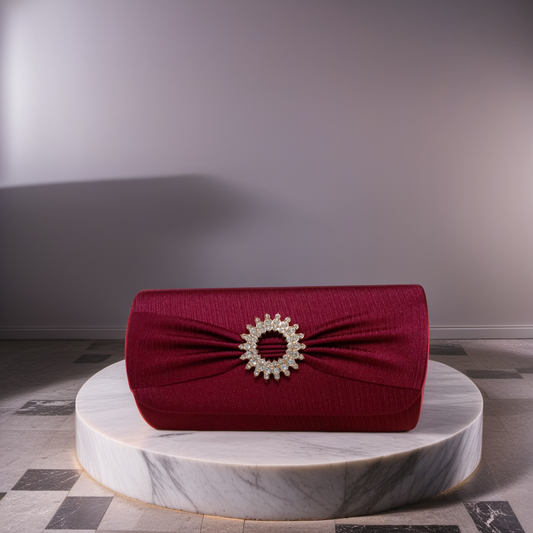 Pleated Satin Rhinestone Brooch Clutch with Detachable Chain Strap for Women
