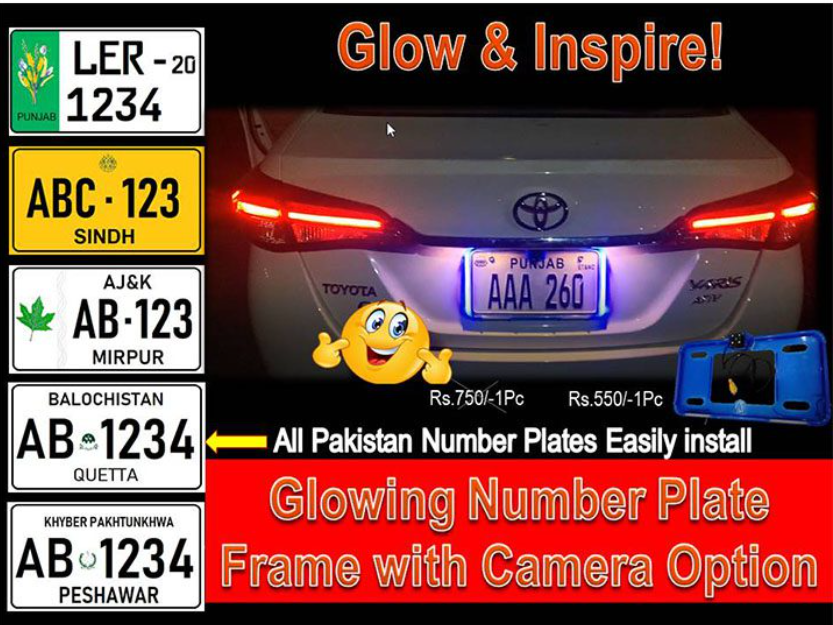 1Pc Neon Number Plate Frame with Camera Fitting Option