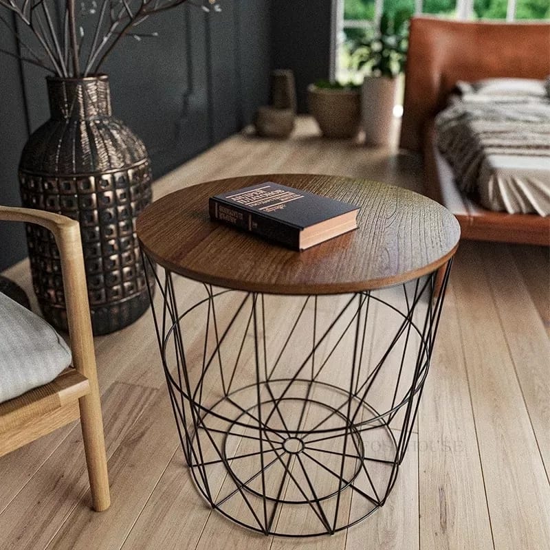 METAL WIRE REMOVABLE WOOD TOP ROUND COFFEE SIDE TABLE STORAGE BASKET TABLE (16L x 16W x 18.5H)