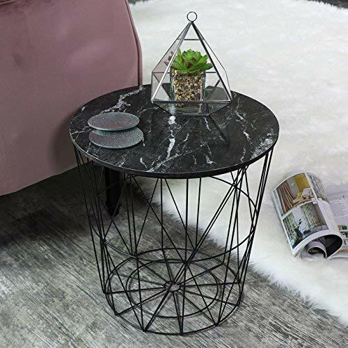METAL WIRE REMOVABLE WOOD TOP ROUND COFFEE SIDE TABLE STORAGE BASKET TABLE (16L x 16W x 18.5H)
