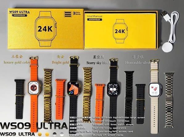24K Gold Silver 3 Straps Smartwatch Ws09 Ultra NFC GPS S8 Smartwatch