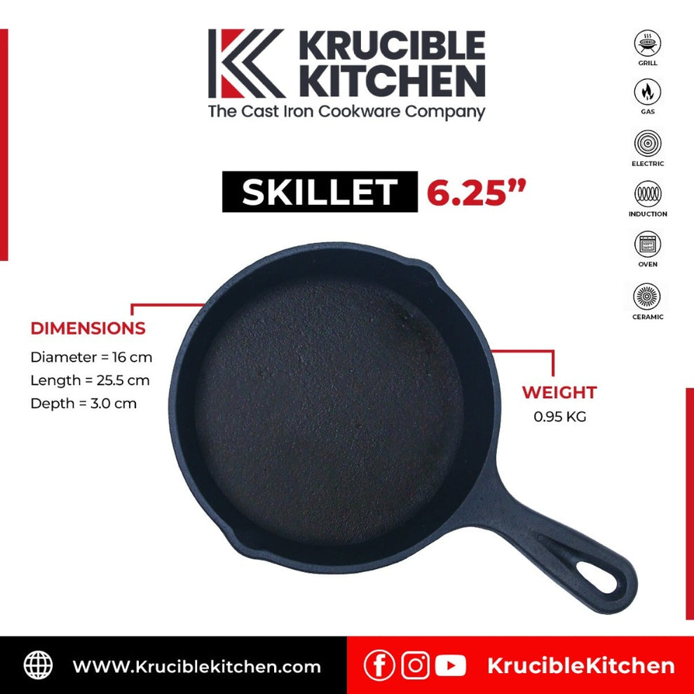 Cast Iron Skillet 6.25 Inch (16 CM) Naturally Non Stick, Seasoned. Krucible Kitchen, Frying Pan