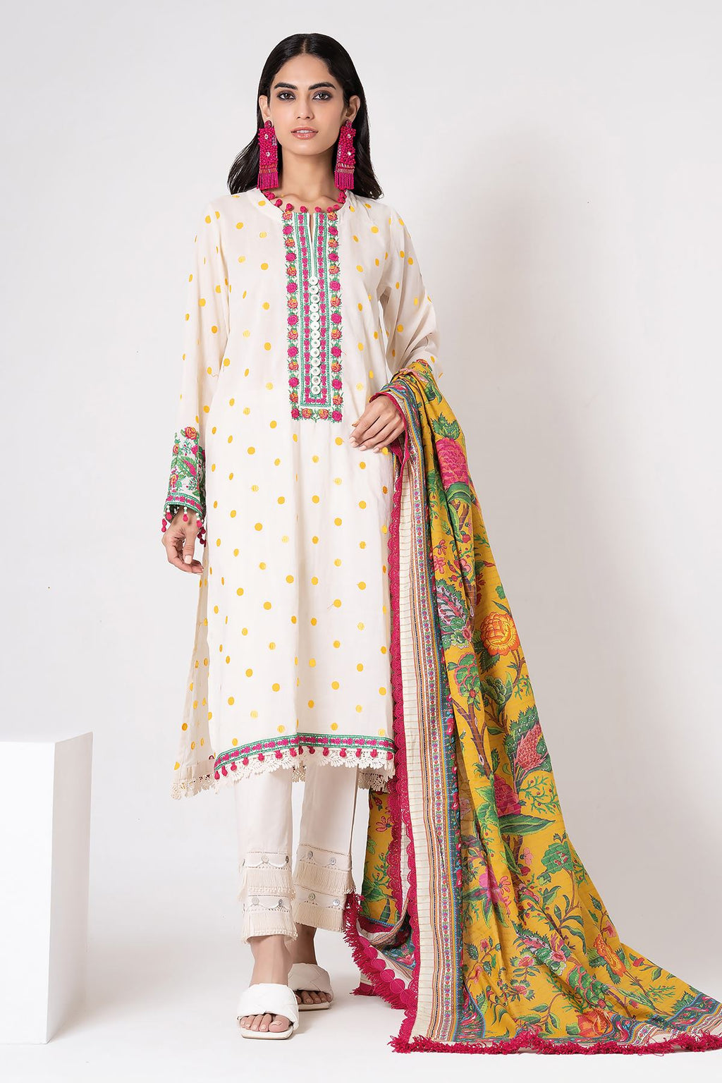 Khaadi Dyed Embroidered Dobby | Top Bottoms Dupatta – BDT22306-White