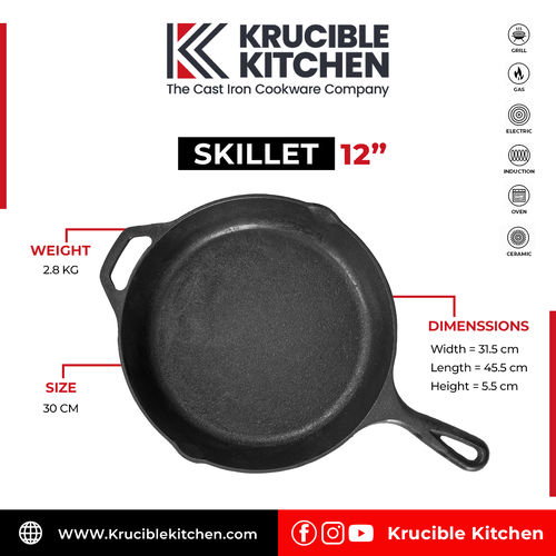 Cast Iron Skillet 12 Inch (30 CM) Naturally Non Stick, Seasoned. Krucible Kitchen, Frying Pan